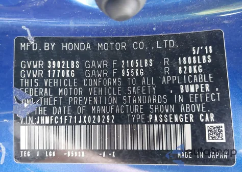 2018 Honda Civic Ex-L из США, поврежденный, VIN JHMFC1F71JX020292